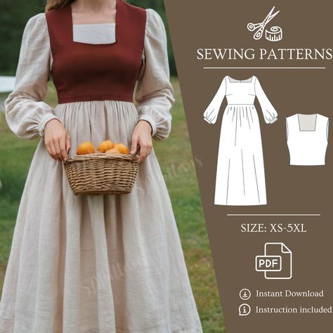 Craft your own vintage-inspired masterpiece with this PDF sewing pattern for a long sleeve, high-waisted cottagecore dress! Perfect for historical reenactments, Renaissance fairs, or simply embodying a charming countryside aesthetic, this dress is both timeless and elegant. The pattern features a flattering square neckline, a fitted bodice, and a full gathered skirt, designed for comfort and style. Available in sizes XS to 5XL (US 2-30), the pattern includes clear English instructions and comes Old Fashioned Dress Patterns, Simple Sewing Pattern Free, Cottagecore Patterns Sewing, Vintage Dress Sewing Pattern, Prairie Dress Pattern Free, Cottage Core Patterns Sewing, Cottagecore Dress Sewing Pattern, Boho Dress Pattern Sewing, Cottage Core Dress Pattern