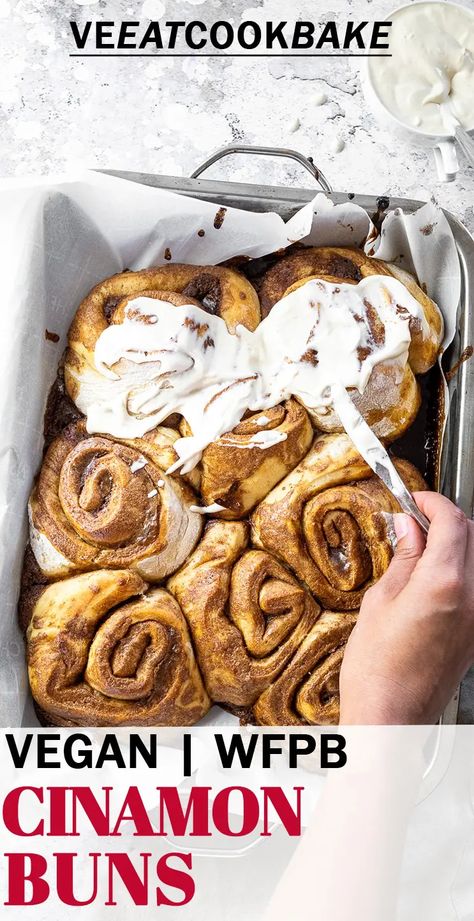 Healthy Vegan Cinnamon Rolls, Oil Free Vegan Breakfast Recipes, Vegan Oil Free Dessert, Wfpb Dessert Recipes, Vegan Oil Free Recipes, Vegan Cinnamon Buns, Dairy Free Cinnamon Rolls, Wfpb Vegan, Healthy Frosting