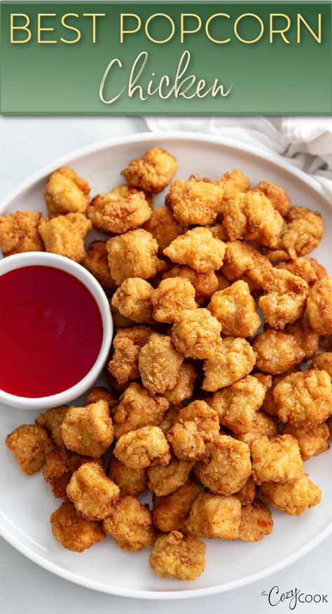 popcorn chicken with a red dipping sauce Chicken Popcorn, Popcorn Chicken Recipe, Homemade Popcorn, Best Popcorn, Tandoori Masala, Popcorn Chicken, Kid Friendly Dinner, Chicken Dishes Recipes, Dinner Idea