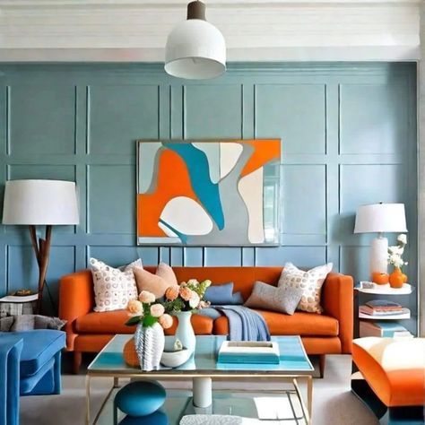 Tangerine And Blue Living Room, Blue Teal Color Palette Living Room, Orange Color Combinations Living Rooms, Bold Coloured Living Room, Blue Orange Interior Design, Teal Interior Design Living Rooms, Blue And Yellow Living Room Color Scheme, Turquoise And Orange Living Room, Accent Wall Orange