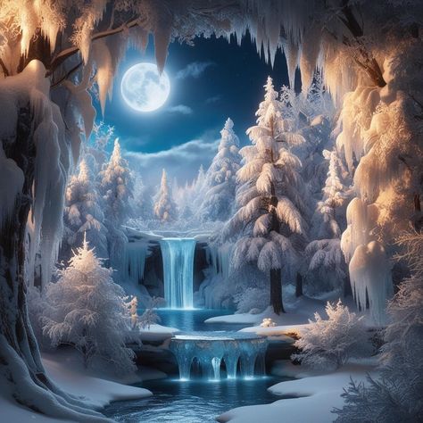 A waterfall illuminated by the night sky surrounded by a peaceful snowy forest Nature Desktop Wallpaper, Nature Desktop, Dark N Stormy, Snowy Forest, Waterfall Photography, The Night Sky, Nature Illustration, Water Lily, Shopping Mall