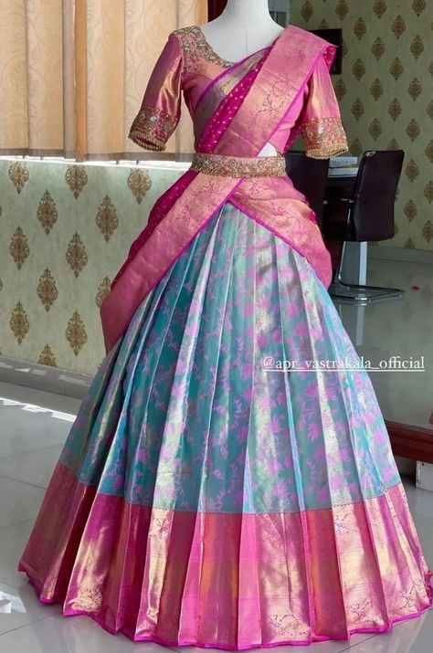 Half Saree Designs Simple, Silk Half Saree, Half Saree Function, Lehenga Saree Design, Half Saree Lehenga, Long Gown Design, Lehenga Designs Simple, Traditional Blouse Designs, Half Saree Designs