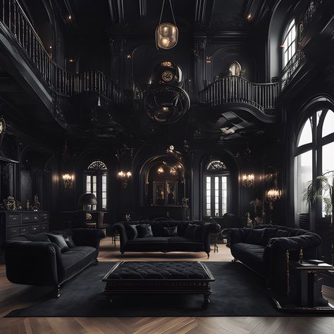 Ai created goth inspired home with a dark and enchating feel. All black elegant, luxury furniture paired with gold accent decor creating a hauntingly beautiful atomosohere. #gothichome #aestheticlivingroom #allblackdecor #blackfurniture #goth #home #homedecorideas #livingroomdesign #interiordesign #interior #inspiration #vampire #aesthetic #luxury Dark Castle Aesthetic Interior, Goth Victorian House, Gothic House Aesthetic, Gothic Mansion Interior, Goth Home Aesthetic, Fancy Grunge, Castle Aesthetic Interior, Goth Living Room, Gothic Victorian House