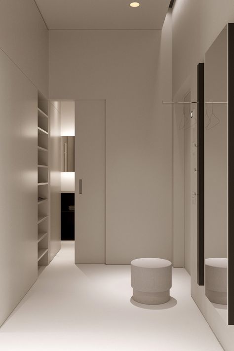 Minimalist Interiors In Soothing Shades Of Grey, Beige And White White Bedroom Minimal, White Walk In Closet, Monochromatic Interior Design, Interior Design Blogs, Minimalist Shapes, Minimalist Closet, Interior Minimalista, Minimalist Home Interior, Minimalist Interior Design