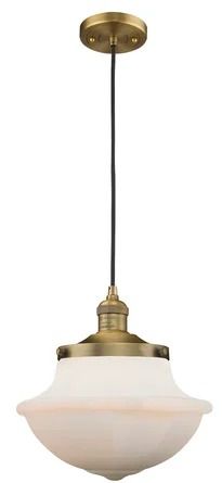 Breakwater Bay Draeger 1-Light Single Schoolhouse Pendant | Wayfair School House, Industrial Pendant, Hanging Pendant Lights, Glass Pendant Light, Hanging Pendants, Brushed Brass, Incandescent Bulbs, Mini Pendant, Ceiling Fixtures