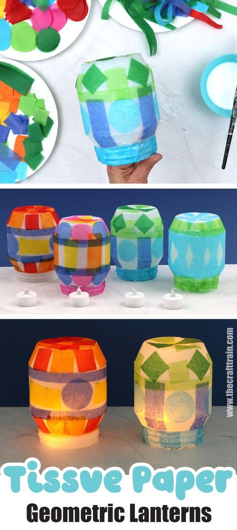 DIY night lights made from recycled containers decorated with tissue paper Recycled Crafts Kids Projects, Lantern Crafts For Kids, Kids Lantern, Tissue Paper Lanterns, Lantern Crafts, Recycled Crafts Kids, Lantern Craft, Vbs Crafts, Classroom Crafts