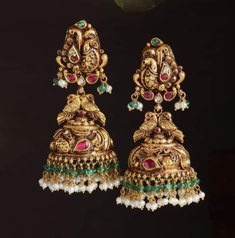 Bridal Jhumkas Gold, Nakshi Buttalu Gold, Nakshi Earrings Gold, Gold Jumkas Antiques, Gold Jhumka Earrings Indian Latest, Jhumkas Gold Indian, Gold Necklaces Women Indian, Jewelry Design Necklace Gold, Buttalu Earrings Gold Bridal