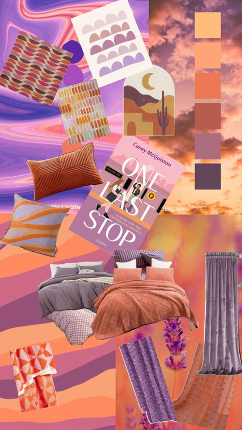 Bedroom decor make over inspired by the cover of One Last Stop by Casey Mcquinston One Last Stop, Bedroom Mood Board, Purple Bedroom, Orange And Purple, Mood Board, Bedroom Decor, Bedroom, Orange, Purple