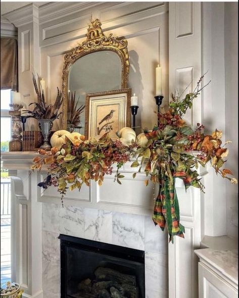 The Cottage Maven | Mantle love if I were going all the way for Fall | Facebook How To Decorate A Mantel For Fall, Formal Mantle Decor, French Country Mantel Decorating Ideas, Fall Fireplaces, Fireplace Fall Decorating Ideas, Chimney Mantel, Bed Rooms Ideas Master, Bed Rooms Ideas, Fireplace Fall Decor