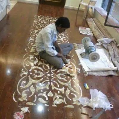 Modern Inlay Services | Flooring, Table tops, Doors, etc Marble Inlay Floor, Floor Pattern Design, Walnut Wood Floors, Inlay Flooring, Marble Plates, Doors Wooden, Temple Design For Home, Pooja Room Door Design, Inlay Furniture