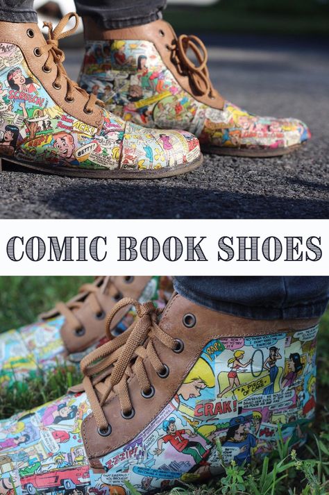 Decorating Sneakers, Reconstruction Fashion, Chubby Hands, Comic Book Crafts, Comic Book Shoes, Decoupage Shoes, Creating Clothes, Paint Shoes, Geeky Craft