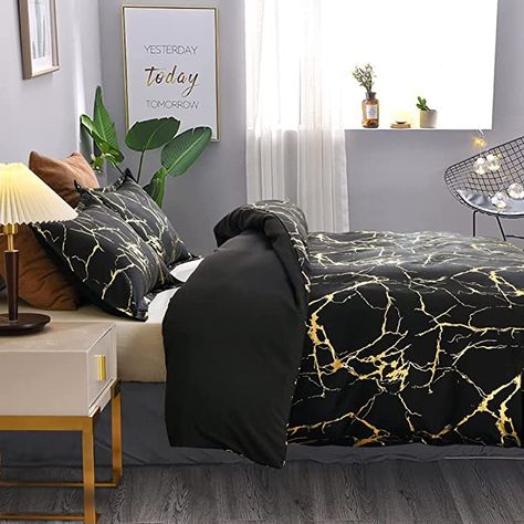 Amazon.com: Holawakaka Black Gold Metallic Marble Duvet Cover Set Queen Size Foil Print Glitter Bedding Set (Black Queen, No Comforter) : Home & Kitchen Black White Gold Bedding Comforter Sets, Marble Bedroom Ideas, Diy Modern Bed, White And Gold Bedding, Marble Bedding, Marble Bedroom, Minimalist Bedside Table, Marble Duvet Cover, Simple Bed Designs