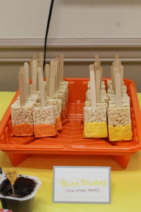 Rice Crispy Paint Brushes, Construction Party Taco Bar, Paint Brush Rice Crispy Treats, 5th Birthday Construction Theme, Rubble Themed Birthday Party, Building Party Theme, Im Two And Digging It Party, Construction Pool Party, Construction Birthday Treats