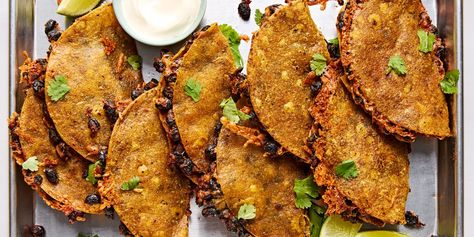 Crispy Sheet-Pan Black Bean Tacos Are Budget Dinner Gold Crispy Sheet Pan Black Bean Tacos, Pan Tacos, Veg Protein, Batch Meals, Budget Dinner, Autumn Recipes Vegetarian, Black Bean Tacos, Meal Options, Bean Tacos