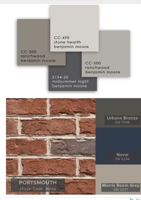 Outdoor Paint Colors For House With Brick, Red Brick Columns Front Porches, Colors That Match Red Brick, Brick House Dark Trim Exterior, Outside Paint Colors Home Exteriors Gray, Colors For Red Brick House Exterior, Liberty Pewter Sherwin Williams, House Paint Exterior Colour Schemes With Red Brick, Exterior Paint Colors With Brown Brick