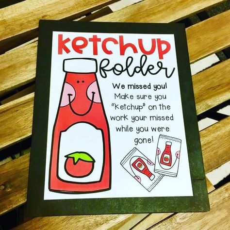 @caffeinate.and.teach has a “Ketchup” folder that stores absent work if a student is absent for the day! 😍 Ketchup Folder Printable Free, Make Up Work For Absent Students, Absent Folders Classroom, Absent Work Organization Elementary, Student Absent Work Classroom Organization, Absent Student Work, Absent Student Work Form, Absent Folder, Ketchup Folder