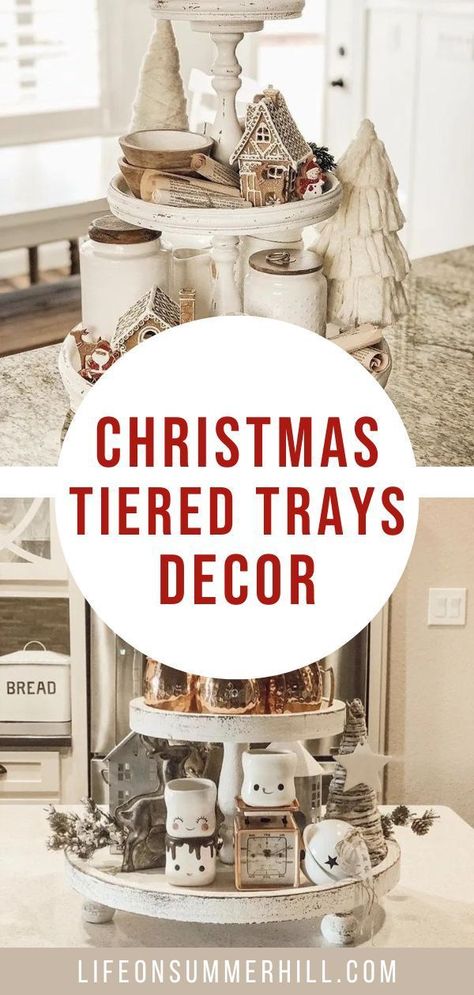 Best and cutest tiered tray Christmas decor. Christmas decorations and Christmas centerpiece ideas. Christmas ornaments, mugs, signs, farmhouse, Rae Dunn, gingerbread houses, bottle brush trees and much more. Christmas tiered tray decor ideas for your 2 tiered tray and 3 tiered tray. White, neutral, copper red and green ideas. Farmhouse, retro, country, rustic, cottage and many more styles. Tray Christmas Decor, Christmas Tray Decor, Christmas Trays, Tiered Tray Christmas, Tray Decor Ideas, Tray Decor Christmas, Farmhouse Tiered Tray, Christmas Tiered Tray, Diy Christmas Tree Topper