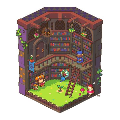 Pixel Joint, Part 2: The Present — Retronator Magazine — Medium Isometric Pixel Art, Isometric Pixel, Pixel Art Gif, Book Garden, Garden Library, Piskel Art, Pixel Animation, Pixels Art, Pixel Art Tutorial