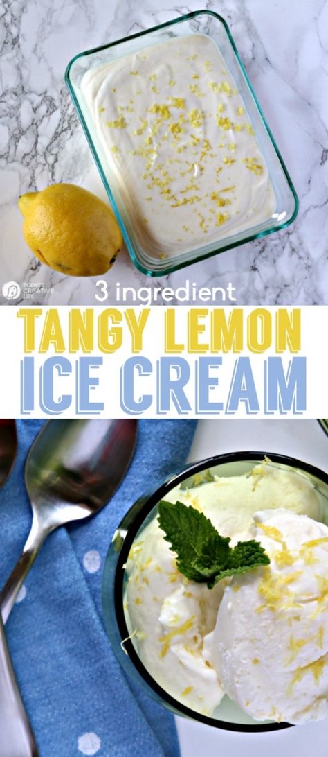 3 Ingredient No Churn Lemon Ice Cream | This simple dessert is tangy and delicious! Mix up a batch in the morning and have with dinner! Perfect summer dessert! Easy! Find the recipe on TodaysCreativeLife.com No Churn Lemon Ice Cream, Lemon Ice Cream Recipe, Lemon Ice Cream, Lemon Ice, Frozen Dessert Recipe, Simple Dessert, Dessert Aux Fruits, Dessert Easy, Desserts Vegan