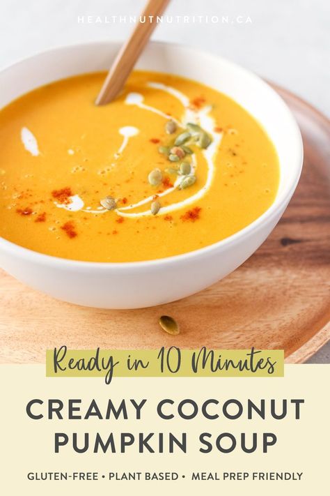 This rich and Creamy Pumpkin Coconut Soup made with pumpkin purée and coconut milk is packed full of flavour and ready in 10 minutes! Pumpkin Soup Coconut Milk, Pumpkin Coconut Soup, Recipe With Coconut Milk, Coconut Delight, Harvest Soup, Coconut Soup Recipes, Pumpkin Bisque, Soup Hearty, Pumpkin Coconut