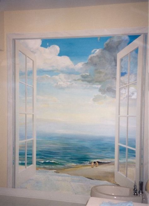 Painting Of A Window, Windowless Room, Mural Pattern, Beach Mural, Window Mural, Modern Mural, School Murals, Light Decoration, Photo Light