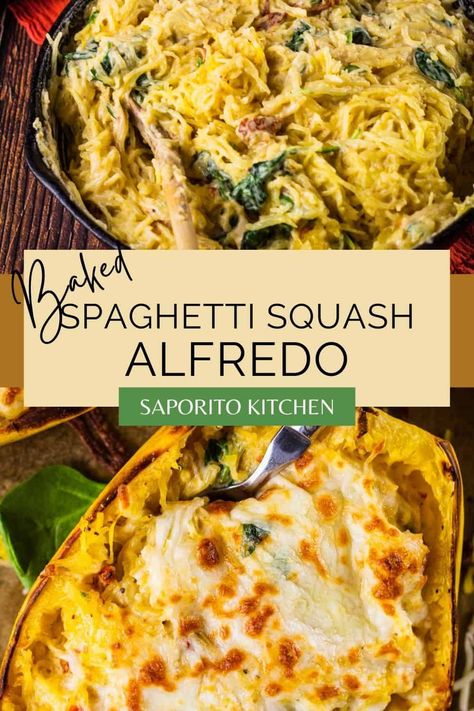 Baked Spaghetti Squash Alfredo Boats - Saporito Kitchen Baked Spagetti, Baked Spaghetti Squash Recipes, Veggie Alfredo, Spaghetti Squash Alfredo, Vegetarian Alfredo, Squash Alfredo, Roasted Spaghetti Squash, Spinach Alfredo, Baked Spaghetti Recipe