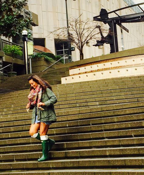 Rainy day outfit: green hunters, military coat, boot socks, plaid scarf, denim mini Military Coat, Rainy Day Outfit, Day Outfit, Boot Socks, Denim Mini, Rainy Day, Plaid Scarf, Outfit Of The Day, Coconut