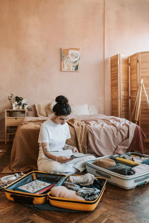 Person in White Pants Lying on Bed · Free Stock Photo Packing Bags Travel, Carry On Packing, Safe Journey, Suitcase Packing, Happy Travels, Travel Hacks, Travel Planner, White Pants, Packing Tips