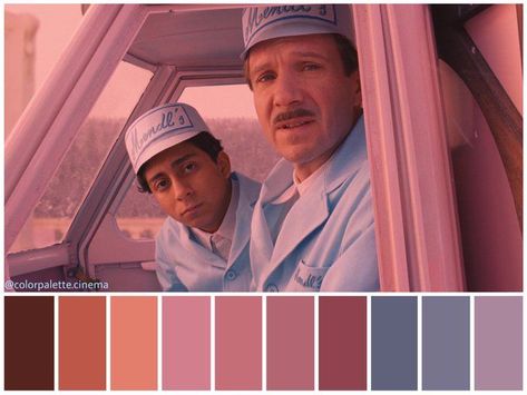 Color scheme of Wes Anderson's The Grand Budapest Hotel. Colorist; Jill Bogdanowicz. Cinematographer; Robert D. Yeoman. Wes Anderson Cinematography, Wes Anderson Wallpaper, Wes Anderson Color Palette, Directed By Wes Anderson, Wes Anderson Aesthetic, Wes Anderson Style, Movie Color Palette, The Grand Budapest Hotel, Wes Anderson Movies