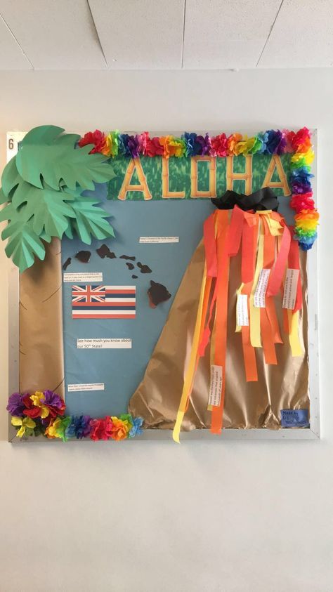 Hawaii bulletin board idea Island Bulletin Board Ideas, Hawaii Bulletin Board Ideas, Hawaiian Bulletin Board Ideas, Beach Bulletin Boards, Poster Board Ideas, Ag Science, Seasonal Bulletin Boards, Classroom Designs, Beach Decorations