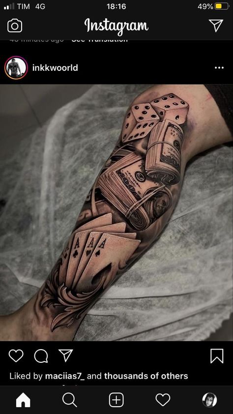 Half Leg Tattoo Men Sleeve, Playing Card Tattoos, Fierce Tattoo, Chicanas Tattoo, Cool Half Sleeve Tattoos, Forearm Band Tattoos, Gangsta Tattoos, Money Tattoo, Chicano Style Tattoo