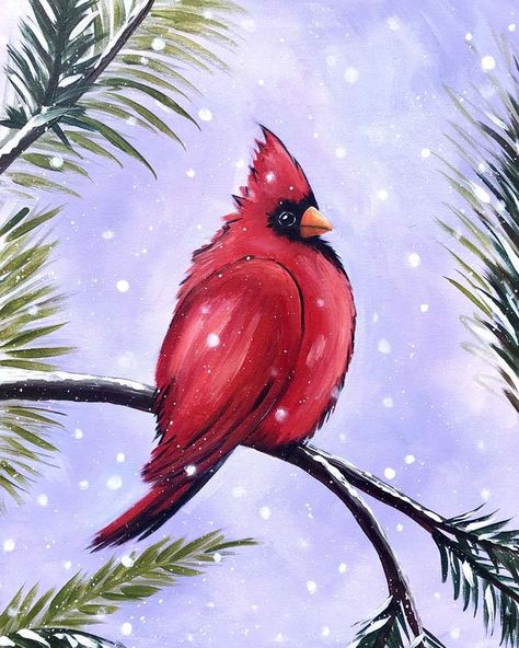 The bachelor cardinal patiently waits in the soft snowfall. Guided Painting, Pinots Palette Paintings, Paint Nite Ideas, Paint N Sip, Cardinal Painting, Pinots Palette, Palette Painting, Winter Paintings, Paint Party Ideas