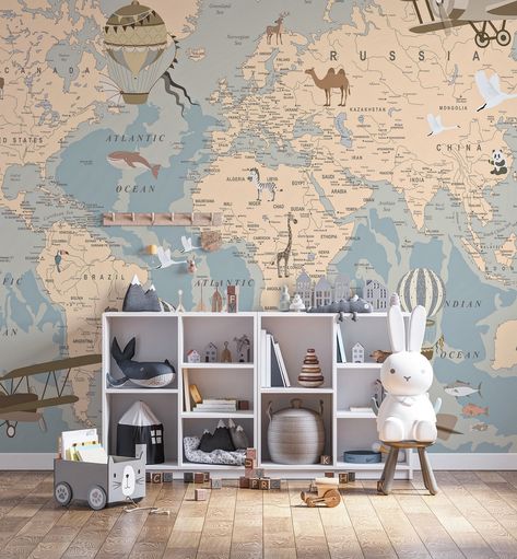 Kid World Map Wallpaper #etsy #quattrowall #wallpaper #mural #homedecor #kid World Map Mural, Map Nursery, Kindergarten Wallpaper, Map Wall Mural, Kids World Map, Wallpaper Texture, Maps For Kids, World Map Wallpaper, Map Wallpaper