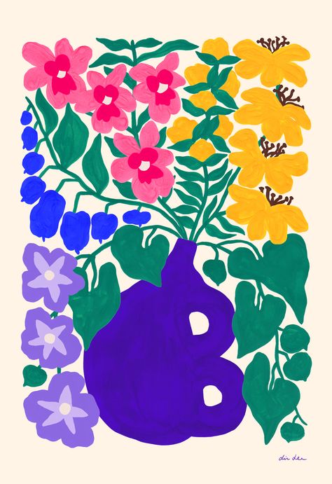 Purple Flowers Illustration, Liv Lee, Purple Illustration, Purple And Yellow Flowers, Blue Berries, Colorful Art Prints, Hand Painted Wall Art, Purple Paint, Collaborative Art