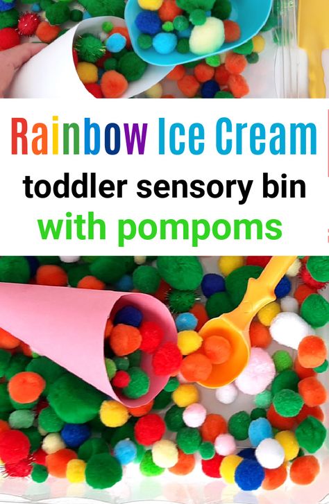 Ice Cream Cone Sensory Bin: Kids will love making rainbow ice cream cones for all their friends with this creative pretend play. Friendship Sensory Bin, Rainbow Sensory Bin, Sensory Processing Activities, Tactile Activities, Toddler Sensory Bins, Prek Crafts, Play Based Learning Activities, Busy Activities, Rainbow Ice Cream