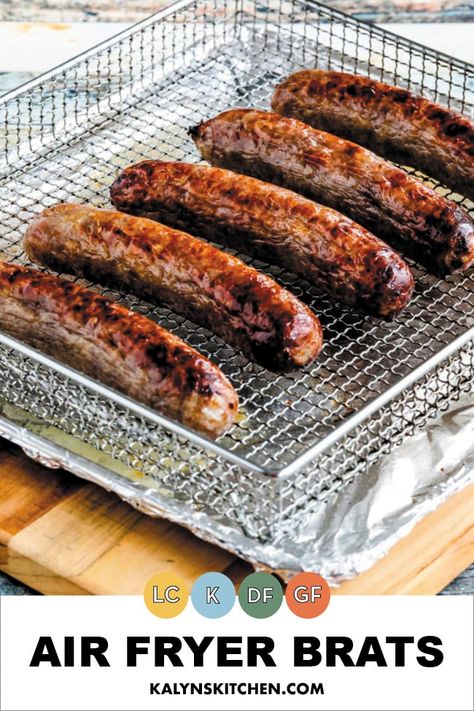 When you just want an easy and tasty low-carb dinner, these Air Fryer Brats are something you can literally have on the table in minutes. And the brats cooked in the Air Fryer were absolutely delicious! [found on KalynsKitchen.com] #AirFryerBrats #AirFryerRecipes Oven Brats, Brats In Air Fryer, Air Fryer Brats, How To Cook Bratwurst, Brats Recipe, How To Cook Brats, Brats Recipes, Bratwurst Recipes, Cooks Air Fryer