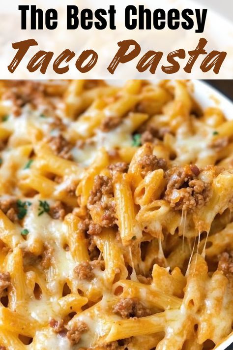 Cheesy Taco Pasta Cheesy Taco Pasta Crockpot, Cheesy Mexican Pasta, Taco Meat Pasta Recipe, One Pot Cheesy Taco Pasta, Easy Taco Pasta Bake, Ground Beef Taco Pasta Recipes, Velveeta Taco Pasta, Baked Taco Pasta, Pasta Taco Casserole