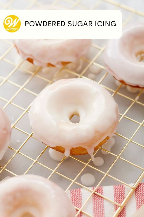 Learn how to make icing with powdered sugar! Finish off donuts, cinnamon rolls, cakes and more with a simple drizzle of this incredibly versatile 3-ingredient powdered sugar glaze. Easy to make and adjust for consistency, this basic powdered sugar glaze gives your baked goods that little dash of sweetness for added flavor. #wiltoncakes #sugaricing #icing #wilton #baking #decorating #powderedsugar #sweet #summerbaking #doughnuts #cinnamonrolls #homemade #glaze #sugarglaze How To Make Donut Glaze Icing, Frosting For Donuts Icing Recipe, Icing Recipe Without Powdered Sugar, Icing With Powdered Sugar, Icing For Cinnamon Rolls Powdered Sugar, Simple Glaze Icing Powdered Sugar, Sugar Icing Recipe, Powdered Sugar Icing Recipe, Icing Sugar Recipe