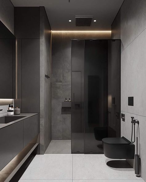 Luxury Washroom Design Master Bath, Black Bathroom Design, Bathroom Redecorating, Riverside Apartment, Bathroom Interior Design Modern, Bathroom Design Black, Modern Bathroom Remodel, Bathroom Decor Luxury, Washroom Design