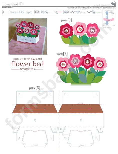 Flower Bed Pop-Up Card Template printable pdf download Popup Card Template, Pop Up Flower Cards, Diy Pop Up Cards, Card Template Free, Pop Up Card Templates, Pop Up Art, Card Templates Printable, Printable Ideas, Instruções Origami