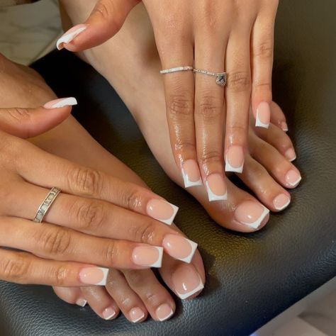 SOUTH EAST LONDON NAILS & AESTHETICS (@dluxebeautyldn) posted on Instagram: “Matching hands and toes are so classy 😍😍 Book our £65 hands and toes deal saving you £5 on this booking 🤩🤩 T&C’s apply (read on our…” • Jun 14, 2022 at 10:41am UTC French Tip Matching Nails And Toes, Hand And Toes Nails Matching, White Nails And Toes Matching, White On White French Tip Nails Toes, Cute Nails And Toes Matching, French Nails And Toes Matching, Matching Hands And Toes Nails, Matching French Tip Nails And Toes, Toe And Nail Set