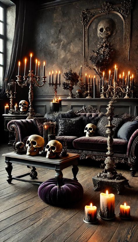 45 Spooktacular Halloween Living Room Ideas to Wow Your Guests 53 Halloween Couch Cover, All Black Halloween Decor, Halloween Set Up, Haunted Speakeasy, Halloween Speakeasy, Spooky Living Room, Gothic Decorations, Gothic Living Rooms, Gothic Halloween Decorations