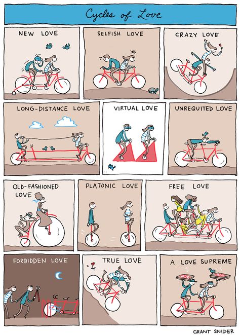 Happy Valentine's Day! May all your relationships roll gently downhill.   My book The Shape of Ideas  is now available for pre-order . I ... Graphic Essay, Incidental Comics, Slack Wyrm, Grant Snider, Motorcycle Comic Art, Hike Stickers, A Love Supreme, Funny Biking Memes, Cycle Memes Funny