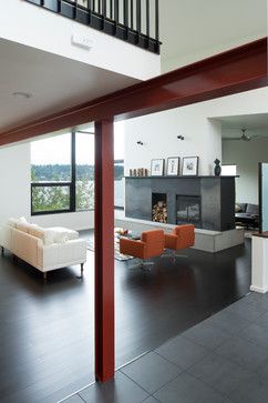 Exposed steel column and beam in living room - modern - Living Room - Seattle - CAST architecture OPEN FEEL, SIMPLE MATERIALS, FLOORING, EXPOSED STEEL BEAM AND COLUMN, LARGE WINDOWS TO MAXIMIZE VIEW, WINDOWS WITH STEEL FRAMES Beam In Living Room, Columns In Living Room, Beam House, Beams Living Room, Warehouse Living, Metal Beam, Steel Frame House, Steel Columns, Shop House Plans