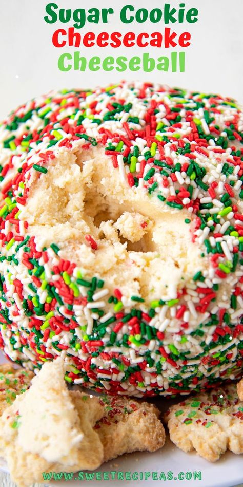 Christmas Dessert Cheeseball, Sugar Cookie Cheese Ball, Sugar Cookie Dough Cheesecake, Christmas Cookie Cheesecake, Christmas Sugar Cookie Cheesecake, Cheesecake Cheeseball, Cheese Logs, Pillsbury Sugar Cookie Dough, Sugar Cookie Cheesecake