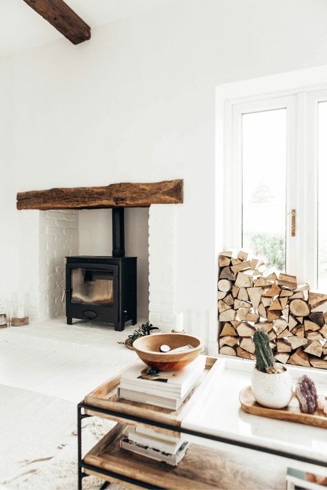 Brick Fireplace White, Wood Burning Stoves Living Room, Fireplace White, White Brick Fireplace, Wood Stacking, Painted Brick Fireplace, Natural Interiors, Brick Fireplace Makeover, Farm Gate