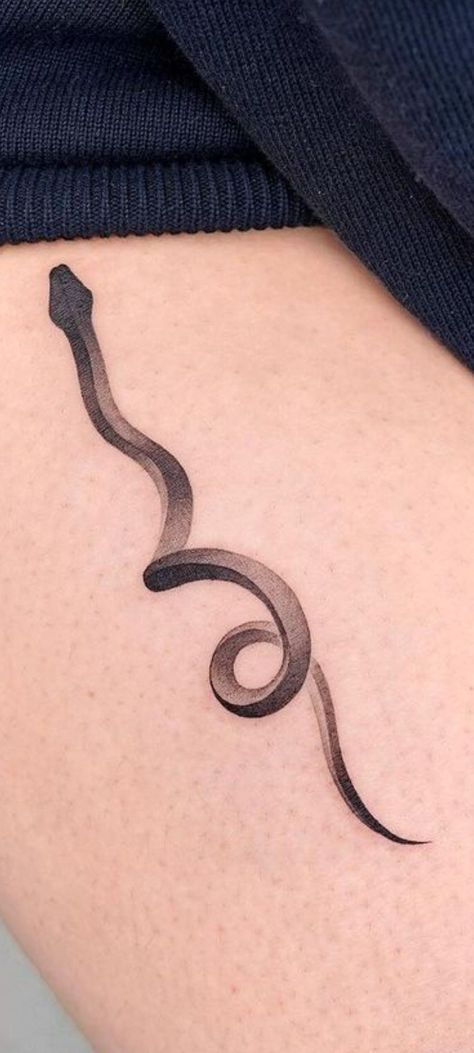 Long Simple Tattoo, Shaded Snake Tattoo, Snake Waist Tattoo, Snake Minimalist Tattoo, Ouroboros Tattoo Minimalist, Ankle Snake Tattoo, Minimalist Snake Tattoo Simple, Thigh Snake Tattoo, Delicate Snake Tattoo