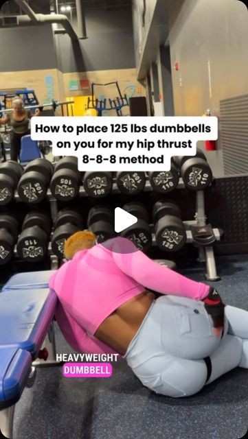 Bles Shaka on Instagram: "Highly requested from my Queens, I got you!   How to use 125 lbs dumbbells for Hip Thrust 8-8-8 method.  Here are the steps: 1. Put the dumbbells standing, and close to one leg 2. Tilt it over on to your lap 3. Take both hands and push it to the middle of your lap  Use a weight that is challenging, and allows you to keep proper, controlled reps.  This WILL light up & grow your Glutes 🔥🔥🍑🍑  Was this helpful?" Dumbell Hip Thrust, Hip Thrust With Kettlebell, Hip Thrust Positioning, Single Leg Hip Thrust With Dumbbell, How To Do Hip Thrusts At Gym, 125 Lbs, Hip Thrust, I Got You, Kettlebell