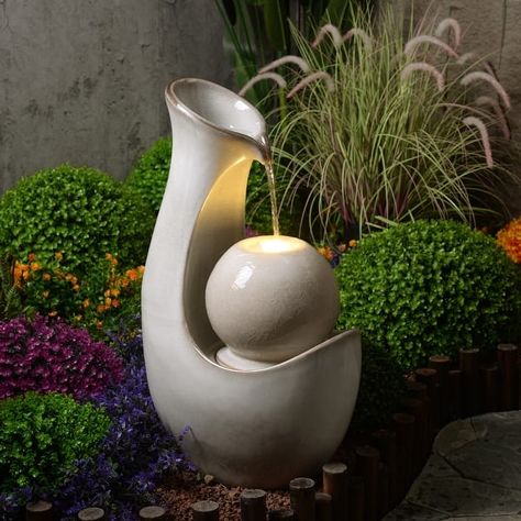 Ceramic Fountain with Lights - Ivory Elegance - Bed Bath & Beyond - 40011746 Ceramic Fountain, Exterior Landscaping, Patio Fountain, Concrete Patio Makeover, Modern Fountain, Tabletop Water Fountain, Box Flowers, Bird Bath Fountain, Window Box Flowers