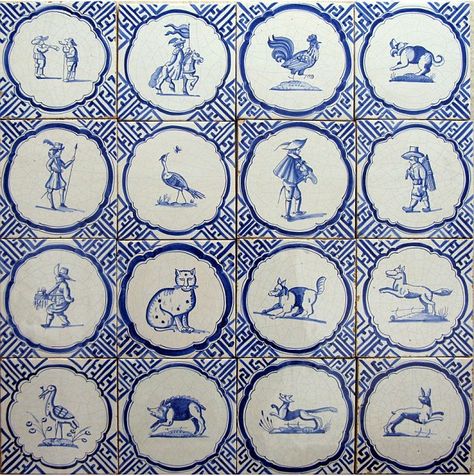 Fashionable pattern: A design featuring vignettes with animal motifs by Douglas Watson Studio Tiles In Bathroom, The Miniaturist, Old English Alphabet, Blue Flower Vase, Dutch Tiles, Delft Tiles, Ancient Designs, Kitchen Range, Tile Inspiration